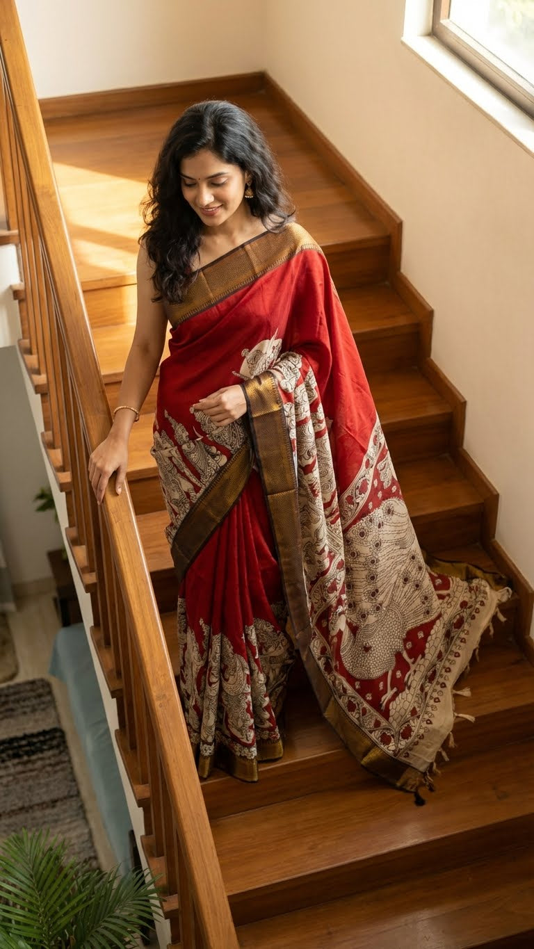 Woman in a handcrafted Mangalgiri border silk saree with temple art motifs descending a staircase.