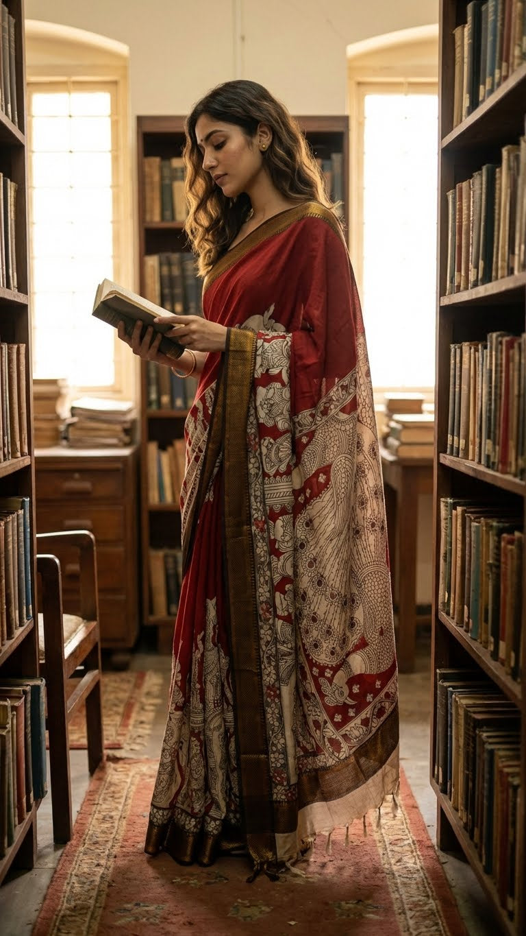 Woman in a handcrafted Mangalgiri border silk saree with temple art motifs reading a book in a library.