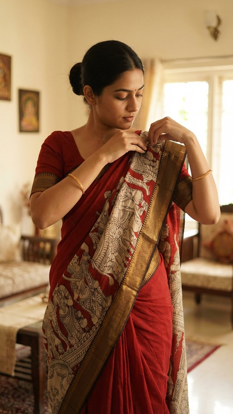 Woman adjusting a handcrafted Mangalgiri border silk saree with temple art motifs in a room.