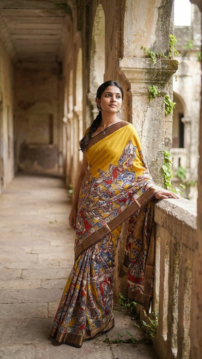 Woman in a handcrafted Mangalgiri border silk saree with temple art motifs standing in an old architectural setting.