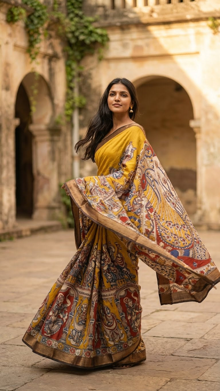 Woman in a handcrafted Mangalgiri border silk saree with temple art motifs standing in an outdoor setting with arches.