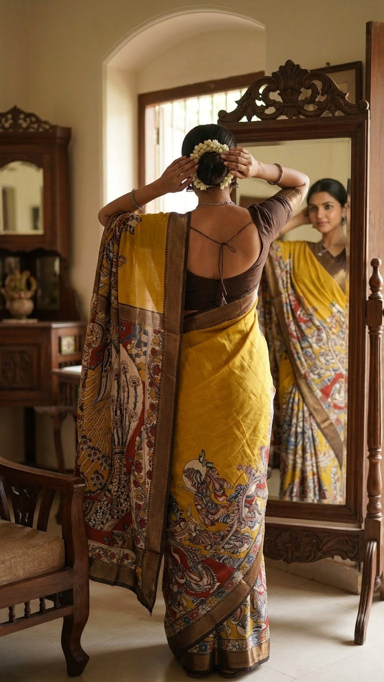 Woman in a handcrafted Mangalgiri border silk saree with temple art motifs with a patterned shawl standing in front of a mirror.