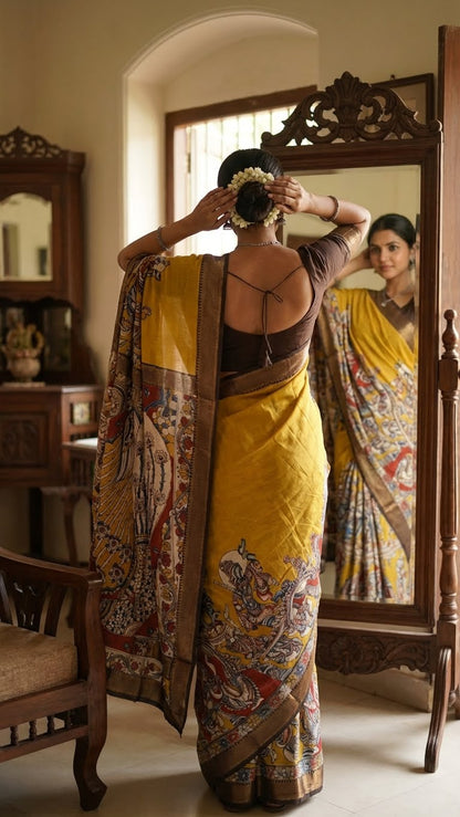 Woman in a handcrafted Mangalgiri border silk saree with temple art motifs with a patterned shawl standing in front of a mirror.