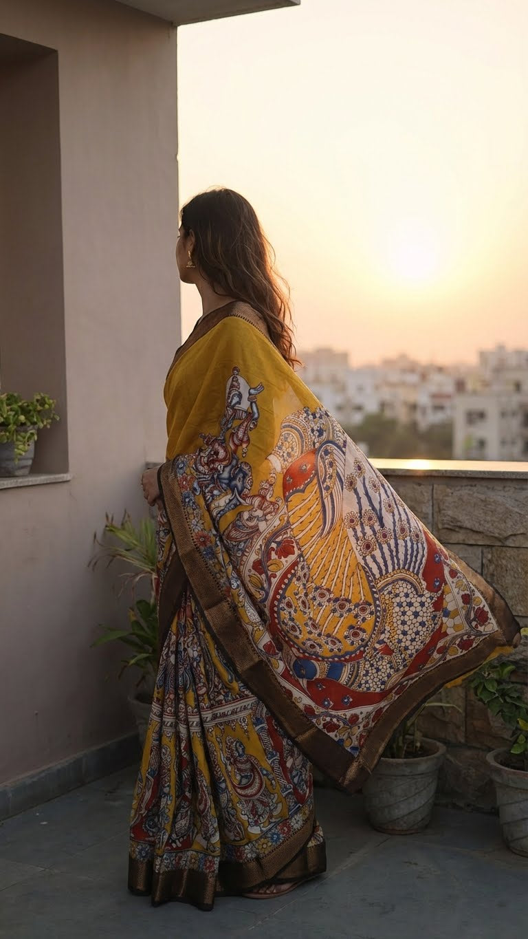 Woman in a handcrafted Mangalgiri border silk saree with temple art motifs standing on a balcony with a sunset view.
