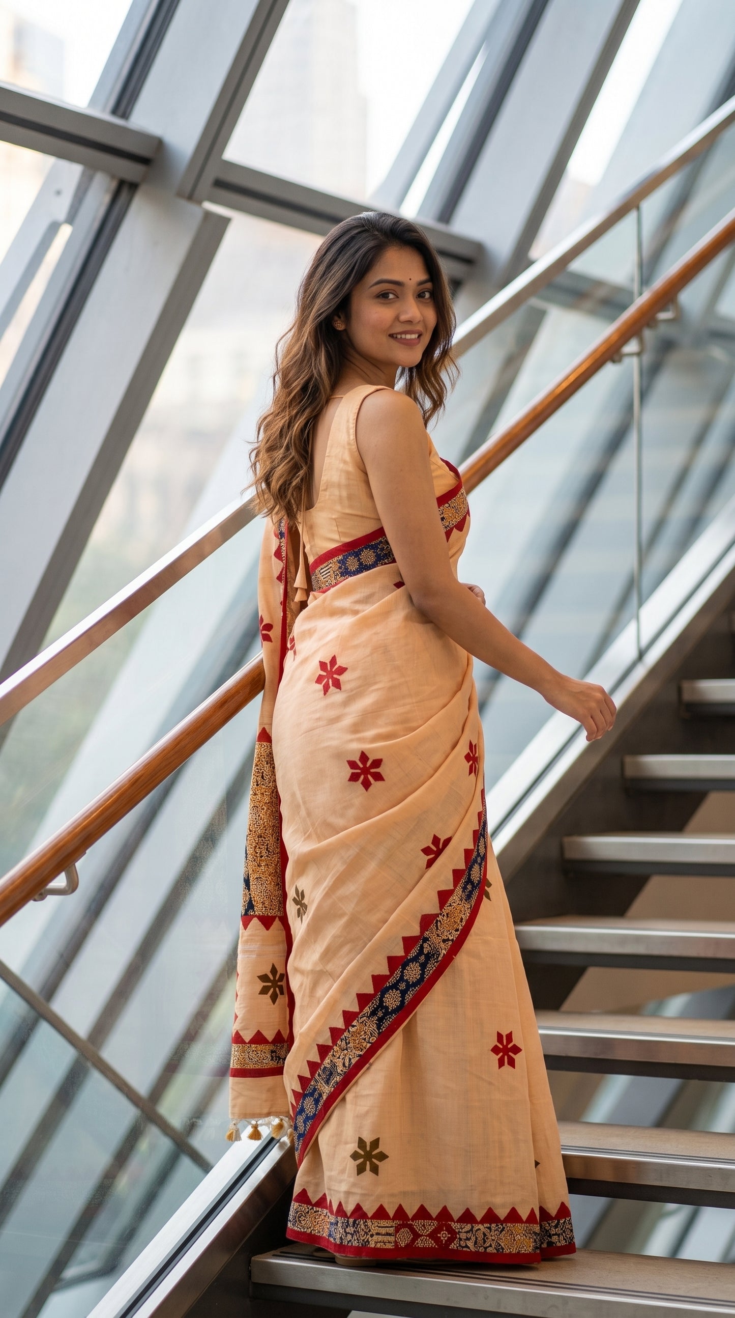 A side-back view of a model walking up modern glass indoor stairs with her hand on the metal railing, showcasing the elegant fit and trailing geometric border design of a beige linen blend saree