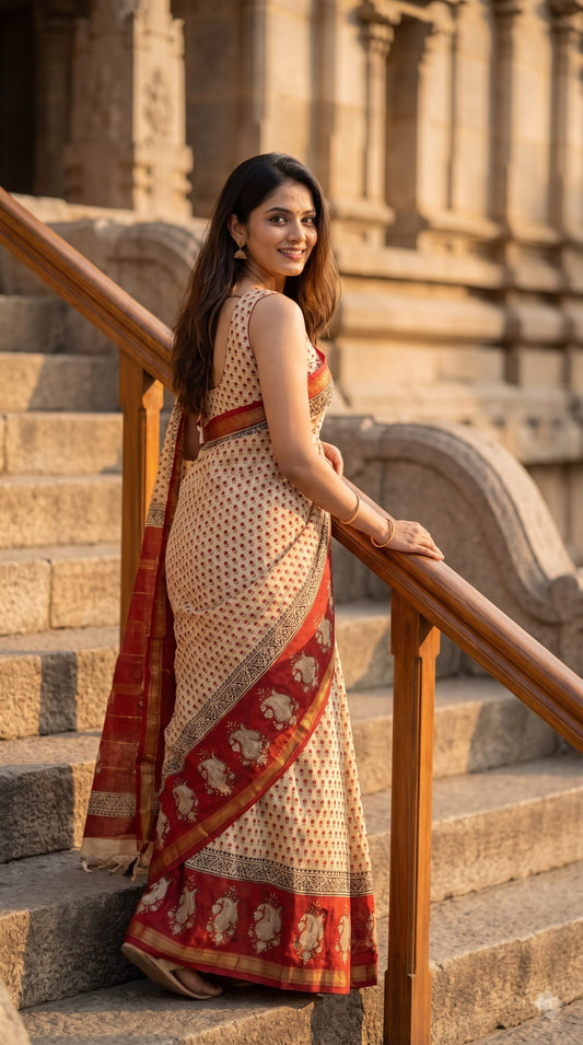 Maheshwari Silk Saree with Handblock Print - Beige & Red