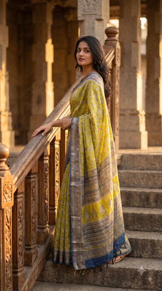 Maheshwari Silk Saree with Sanganery Handblock Print - Yellow with Blue