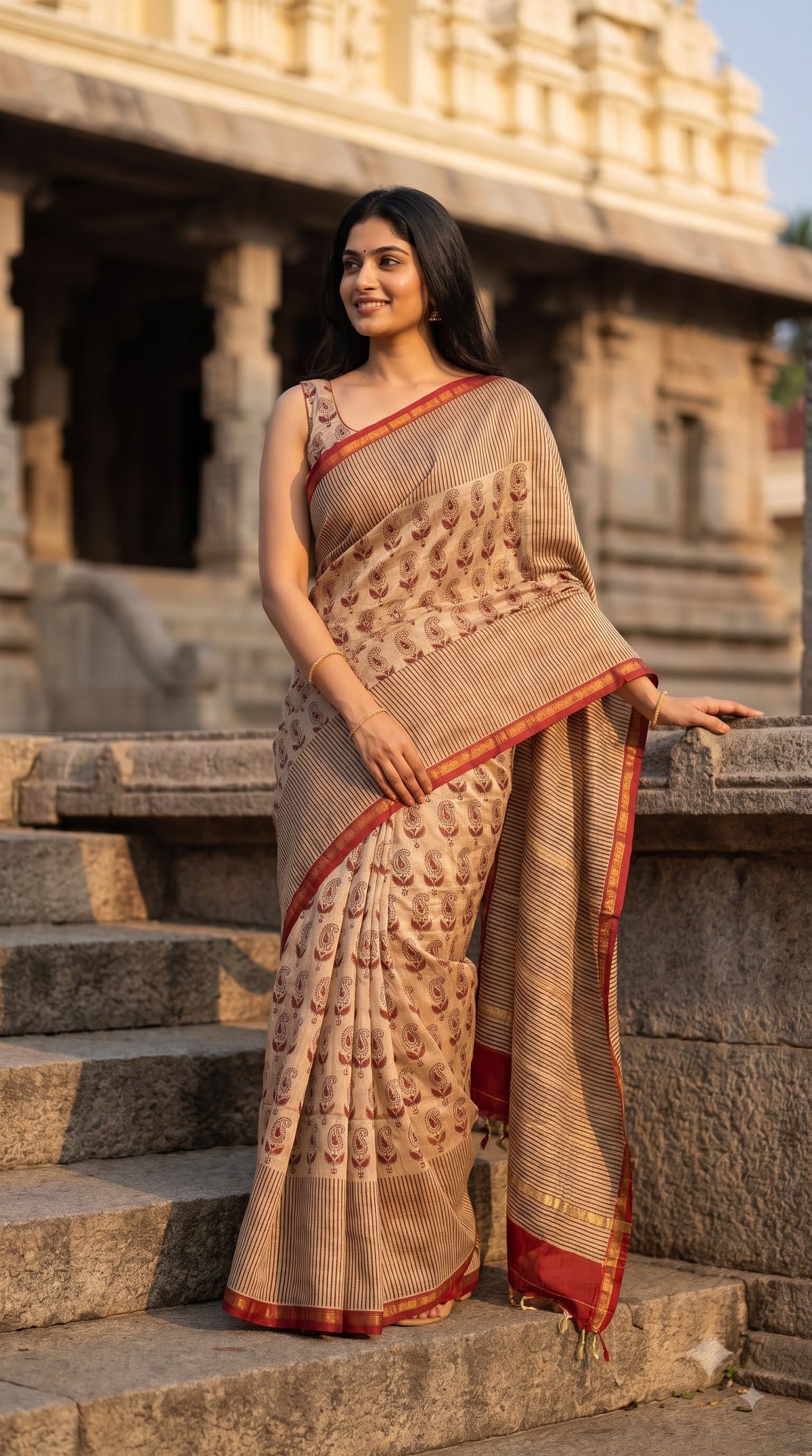 Chanderi Silk Saree with Stripes - Beige with Red