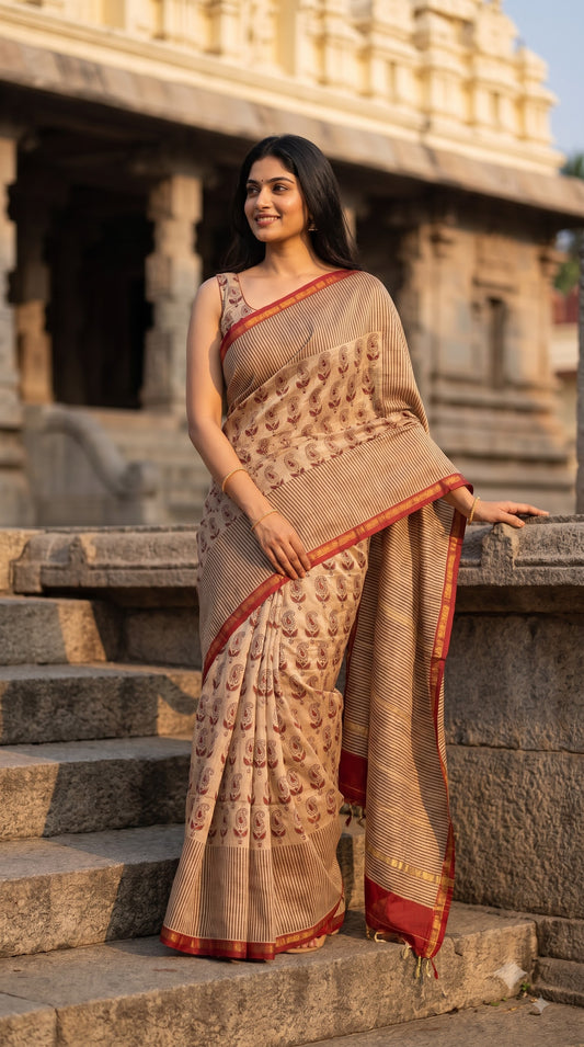 Chanderi Silk Saree with Stripes - Beige with Red