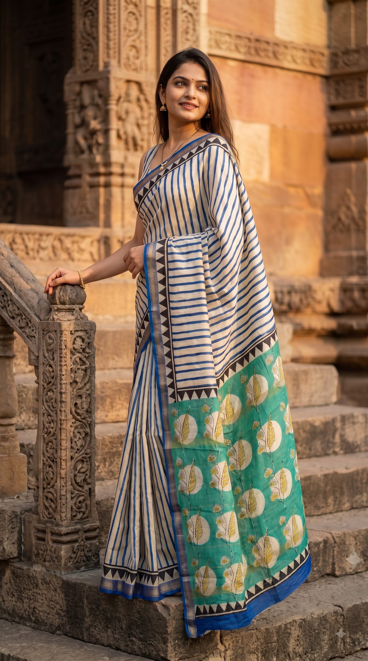 Maheshwari Silk Saree with Stripes with Green Handblock Pallu - Beige