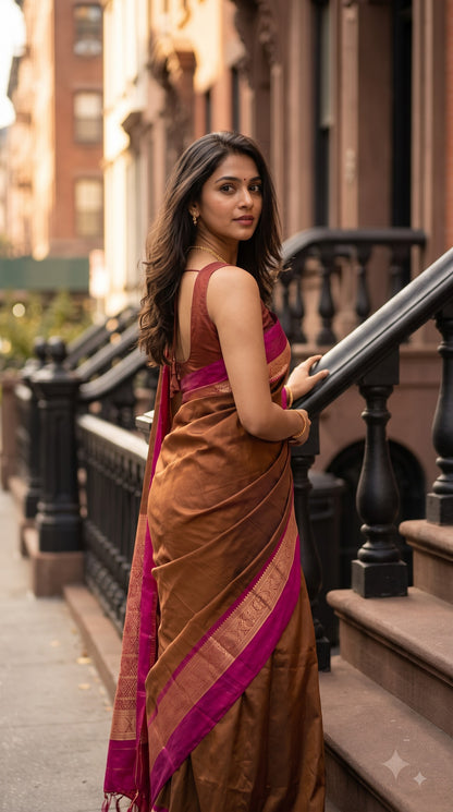 Silk Saree with Pochampally Pallu - Brown