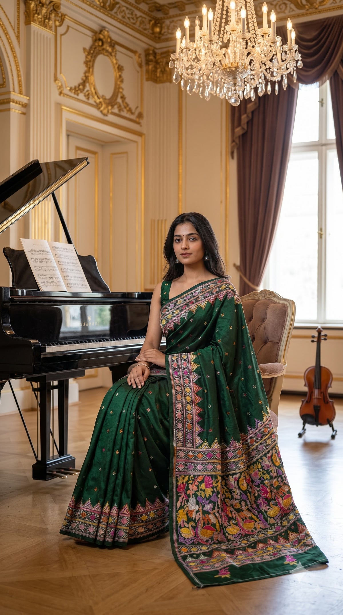 Pure Silk Saree with Kantha-Stitched - Green