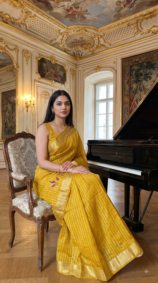 Organza Saree with Paithani Pallu - Yellow Gold