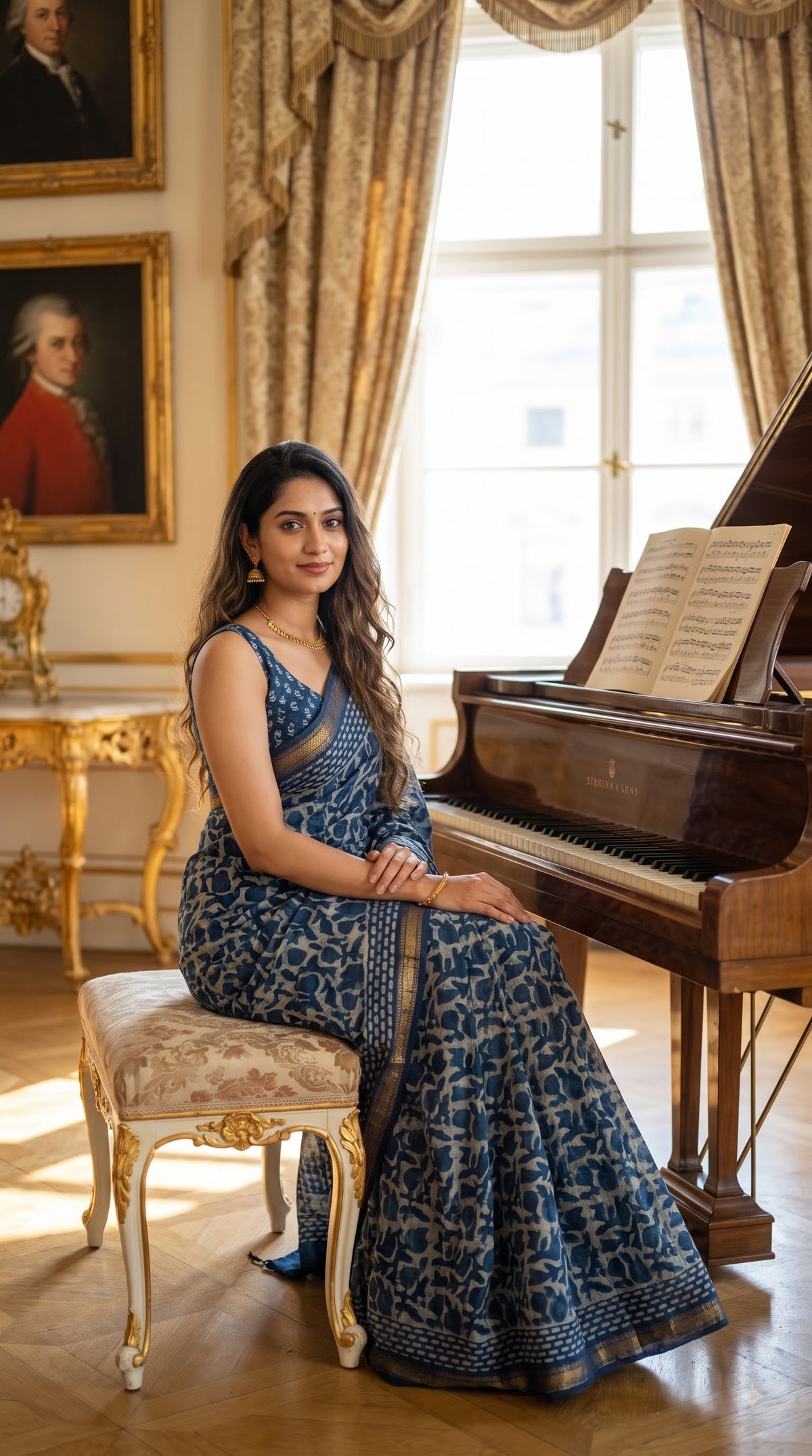 Maheshwari Silk Saree with Handblock Print - Indigo