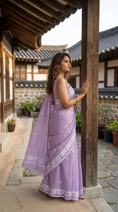 Light Purple Cotton Saree with Applique Border