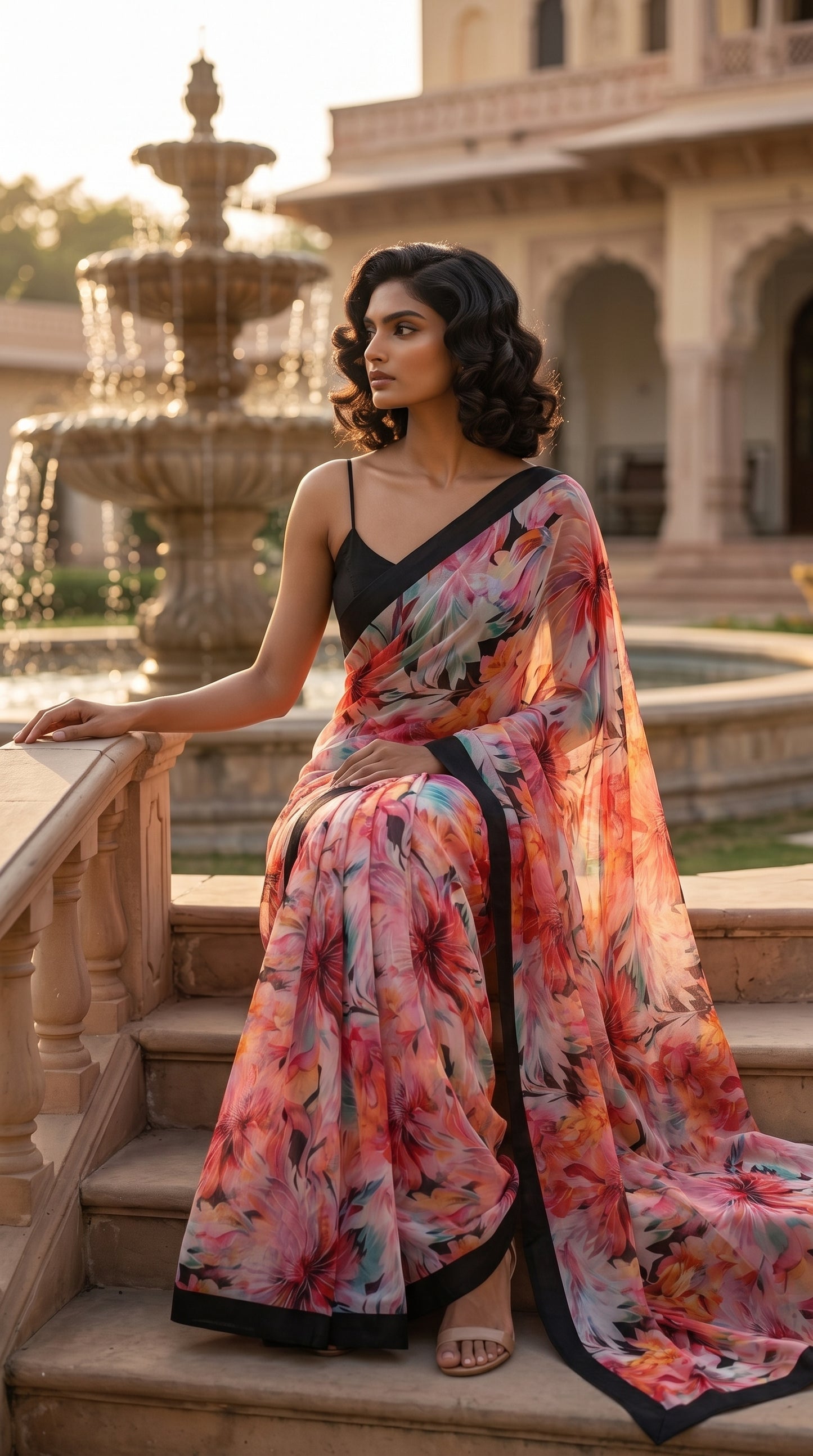 Model looking away gracefully while perched on the stone steps of a heritage palace fountain courtyard, showcasing a multi-color floral printed pure chiffon saree with a solid black border frame