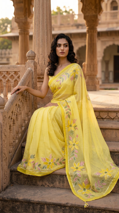 A woman sitting on stone palace steps next to carved pillars, beautifully spreading out the trailing handworked pallu and vibrant floral details of her yellow pure chiffon saree