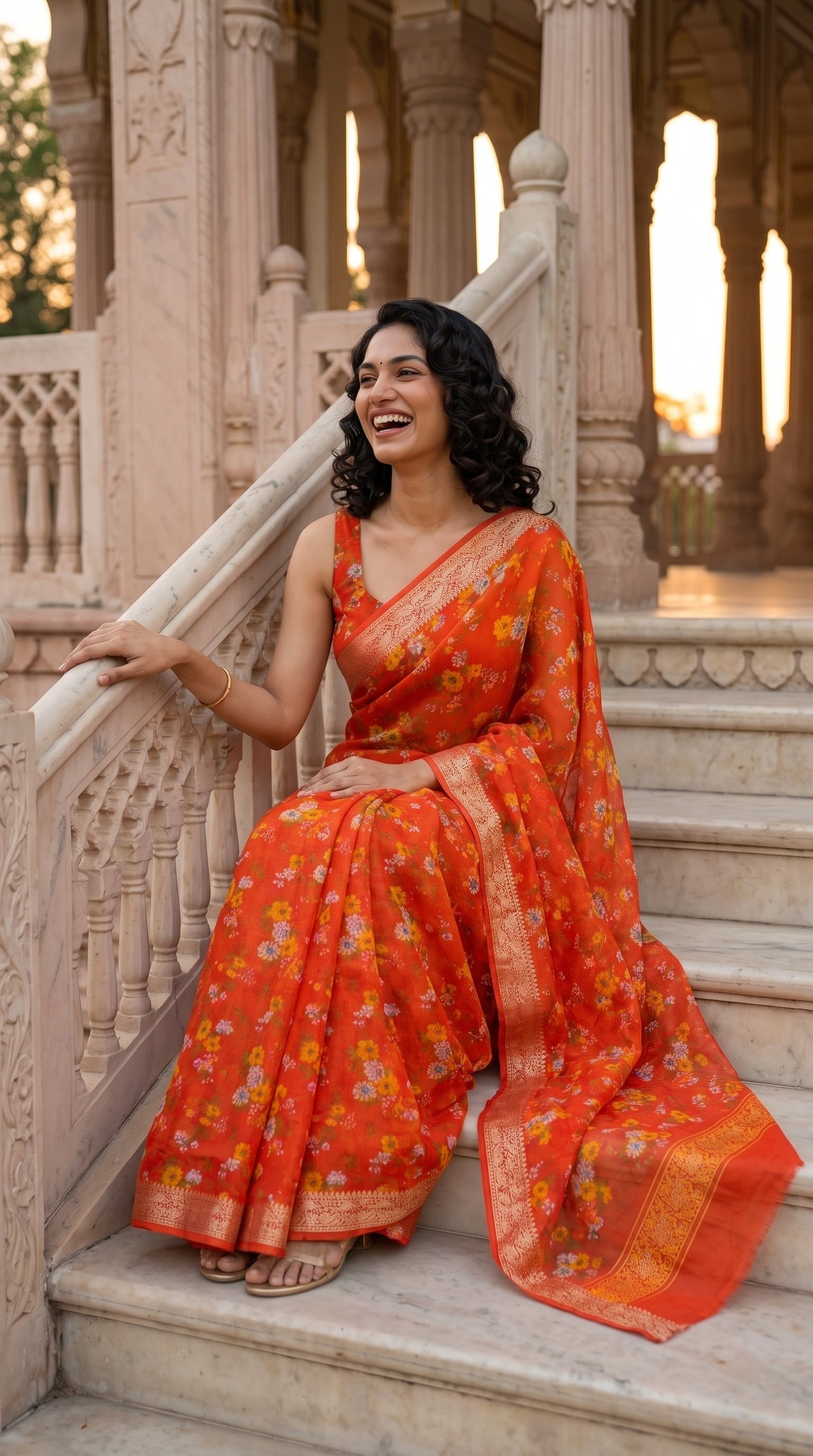 A laughing woman sitting on the white marble stairs of a palace pavilion, displaying the fluid fall, delicate orange floral print, and gold jacquard borders of her pure chinon saree