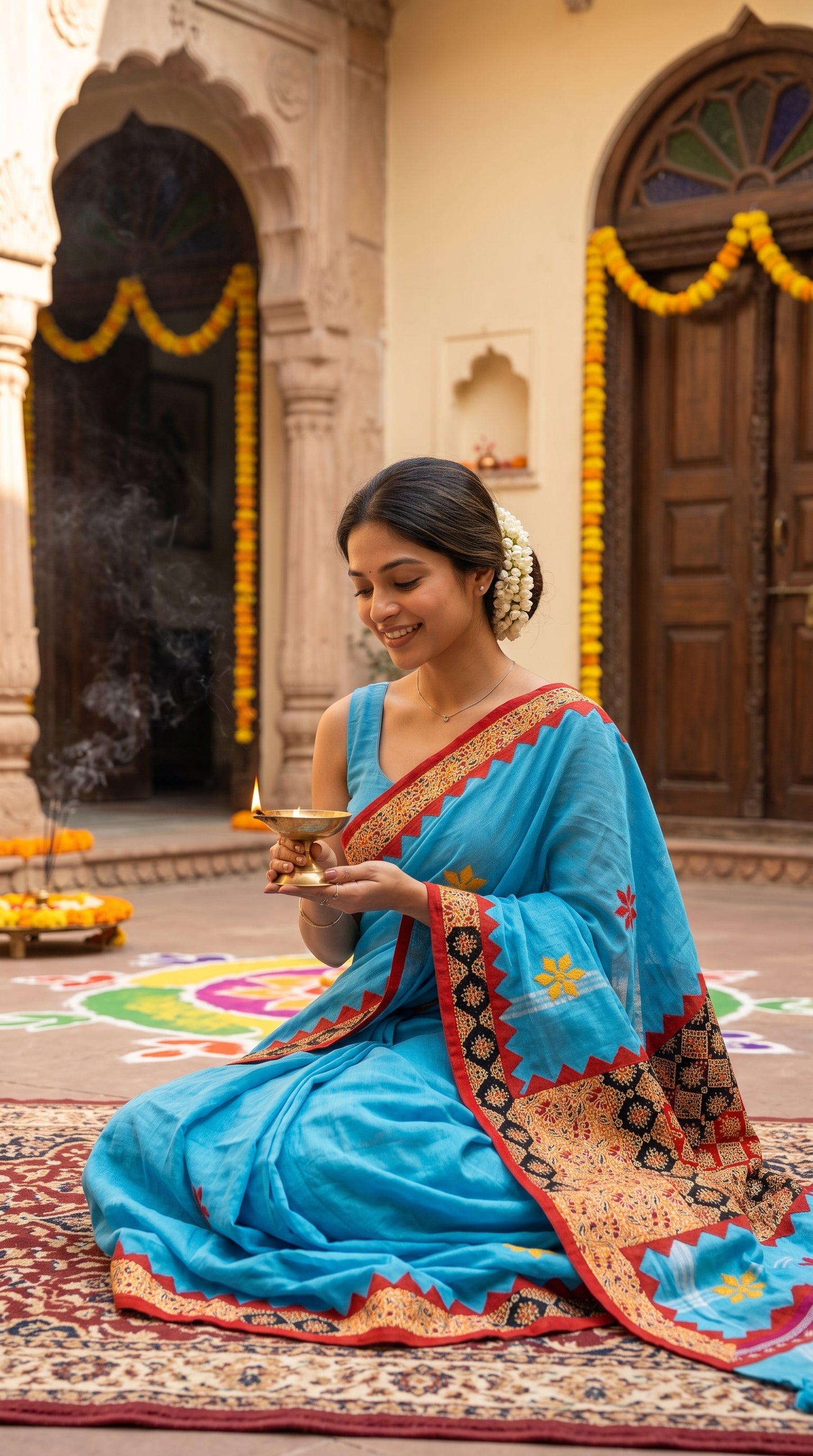 A smiling woman sitting on a rug in a traditional haveli courtyard next to a colorful rangoli design, holding a burning diya to display the rich patchwork pallu of a sky blue linen blend saree