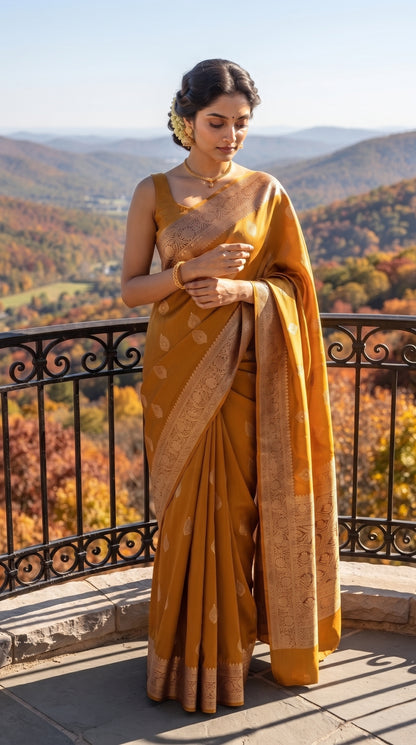 A full-length portrait of a woman leaning against a decorative black balcony railing at a hill viewpoint, showcasing the structured royal drape and detailed gold borders of her mustard gold Mashru silk saree