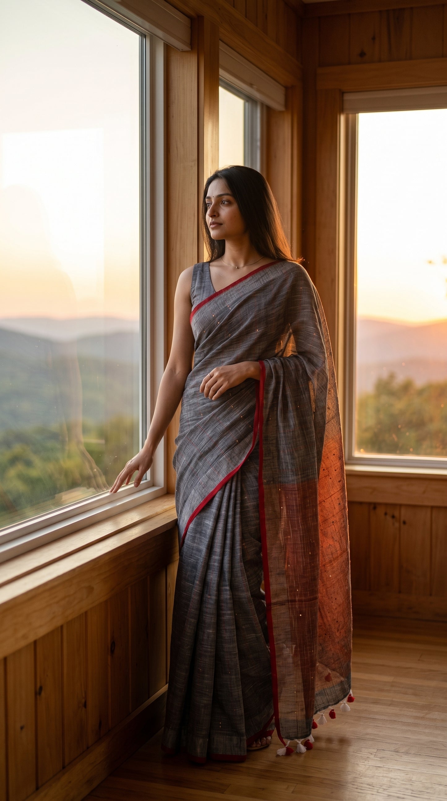 Full-length image of a woman looking out a large window at a misty mountain viewpoint during a summer evening, showcasing the neat drape of a grey sequined khadi linen saree