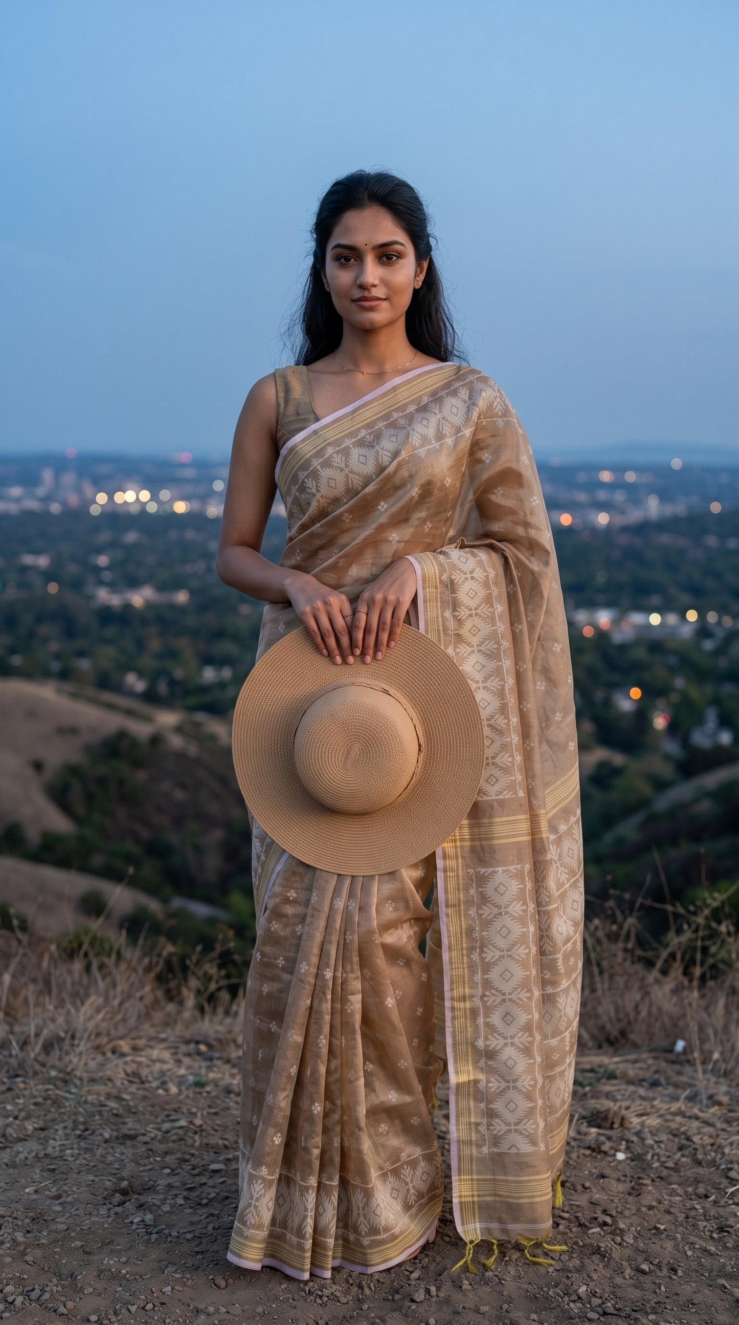 Full-length portrait of a woman standing at a hill viewpoint during twilight holding a straw hat, displaying the elegant structure and luminous texture of her beige cotton tissue Jamdani saree against a distant city backdrop