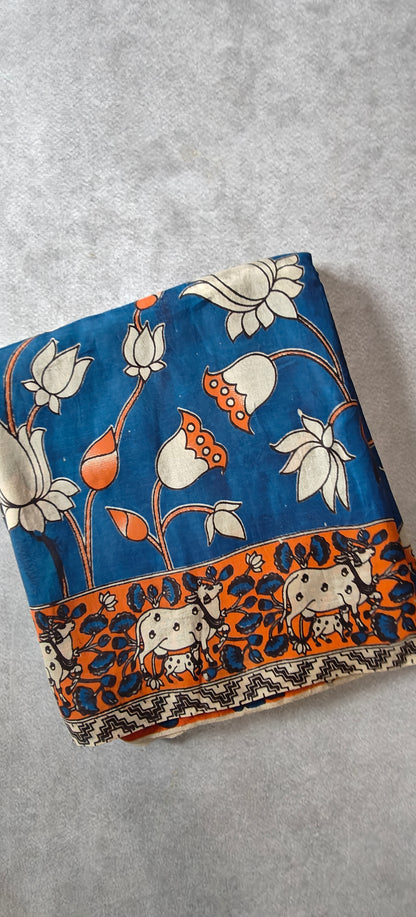 Kalamkari Printed Silk Saree - Blue with Orange