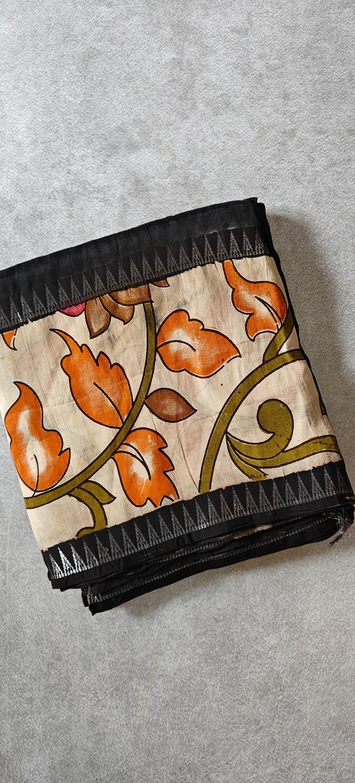 Plain Silk Saree with Kalamkari Gap Border - Black with Orange