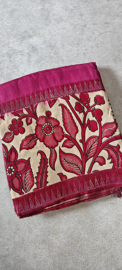 Plain Silk Saree with Kalamkari Gap Border - Magenta