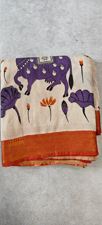Pichwai Kalamkari Silk Saree with Border - Beige with Red