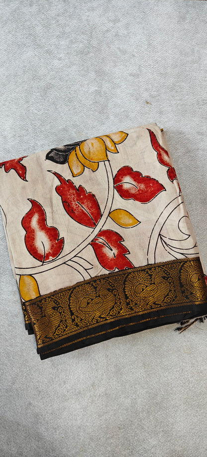 Printed Kalamkari Silk Saree with Border - Beige & Black