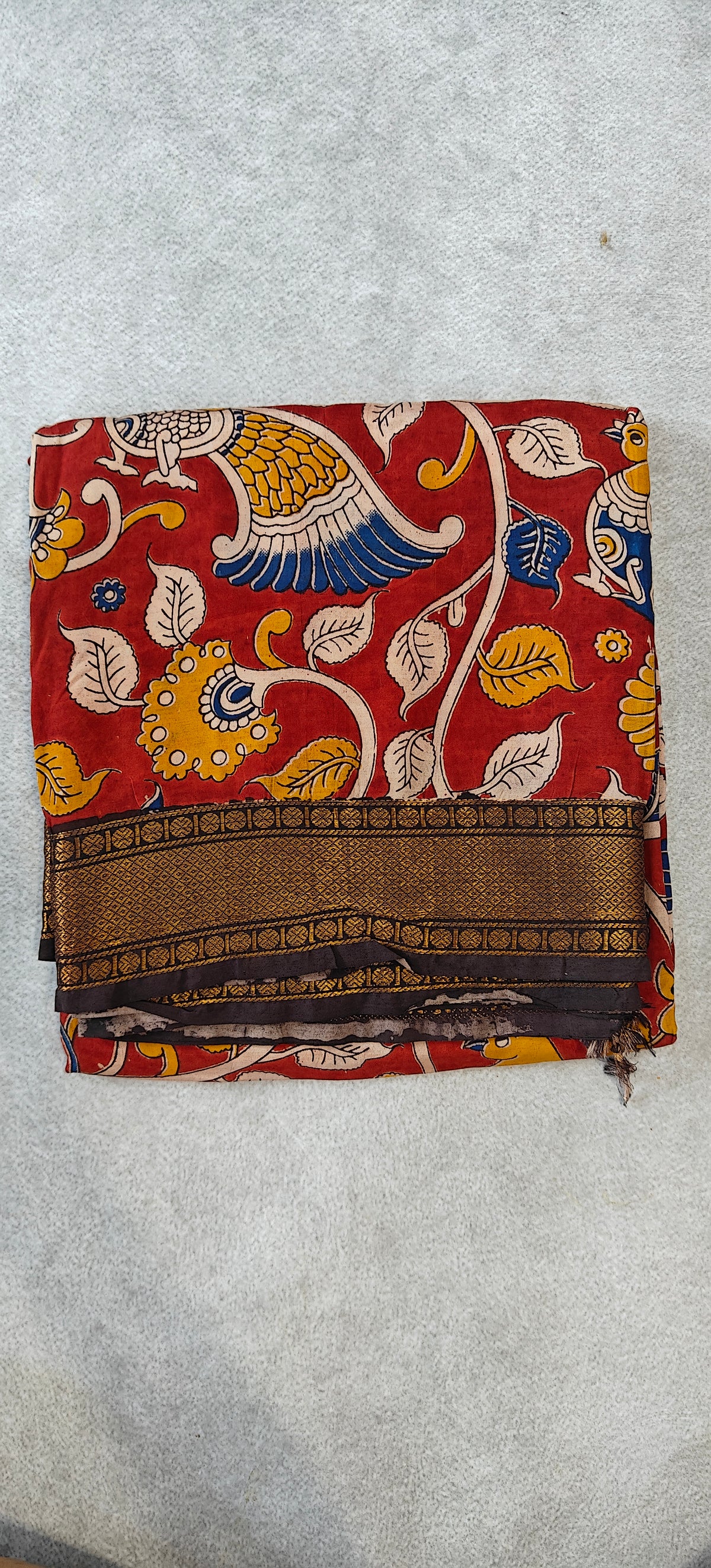 Printed Kalamkari Silk Saree with Border - Red & Black