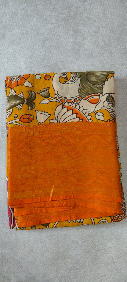 Kanchi Border Kalamkari Silk Saree - Yellow with Orange