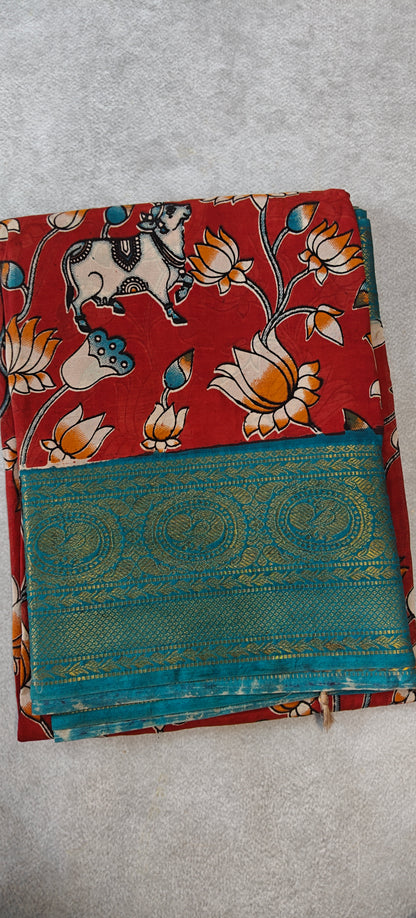 Kanchi Border Kalamkari Silk Saree - Red with Teal