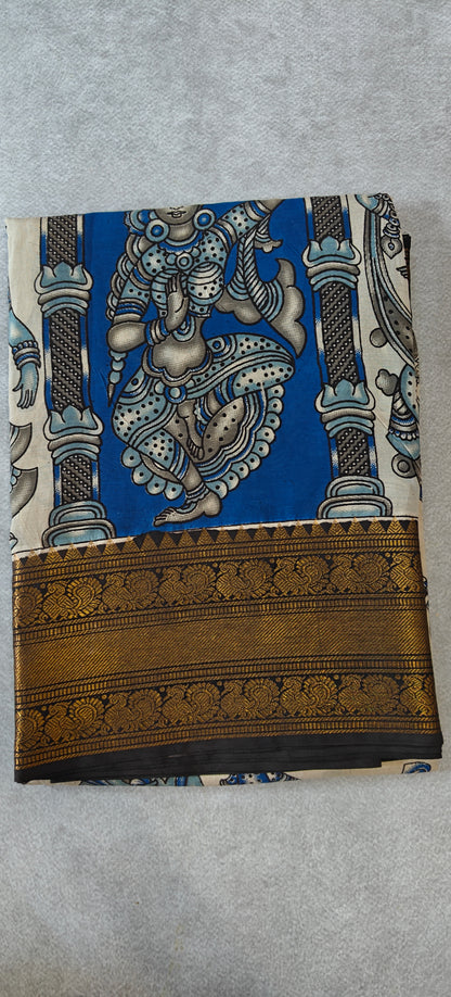 Kanchi Border Kalamkari Silk Saree - Beige with Blue