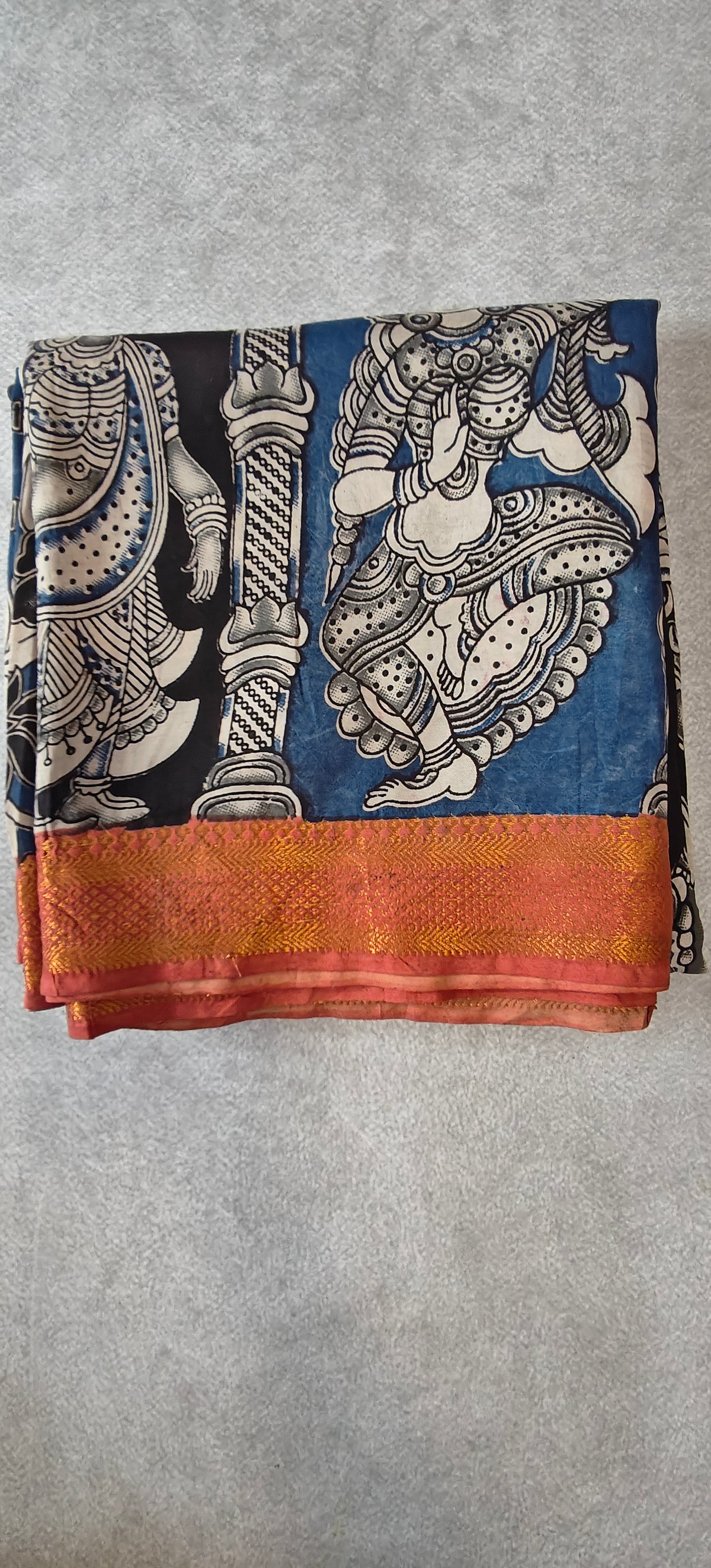 Figure Motif Kalamkari Silk Saree with Border - Black with Red