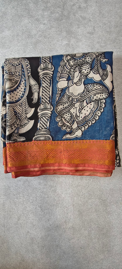 Figure Motif Kalamkari Silk Saree with Border - Black with Red
