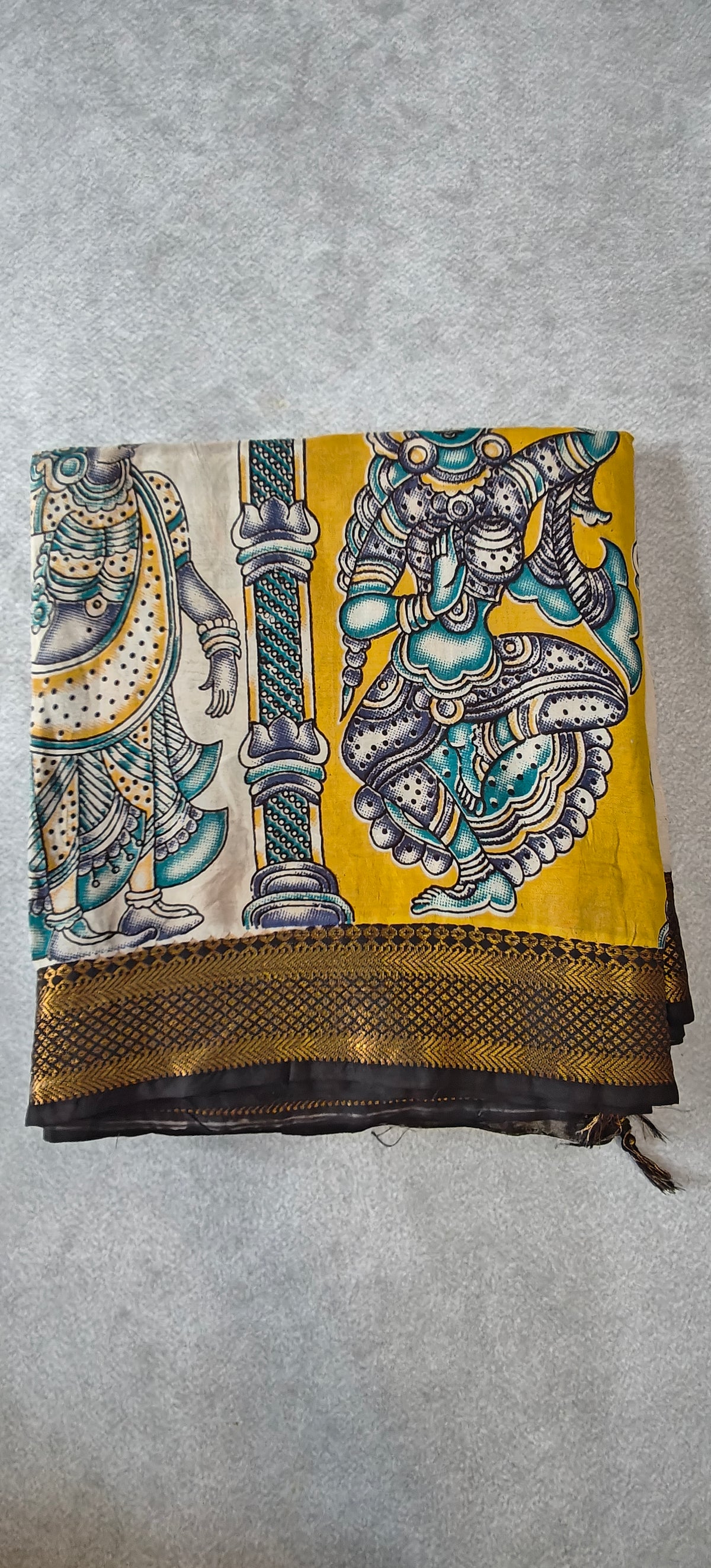 Figure Motif Kalamkari Silk Saree - Beige with Yellow