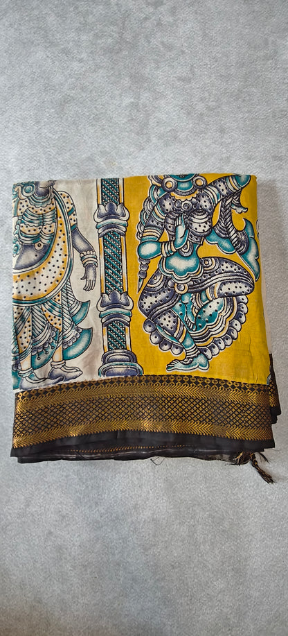 Figure Motif Kalamkari Silk Saree - Beige with Yellow