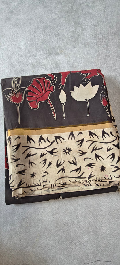 Kalamakari Silk Saree with Kaddi Border - Black with Beige