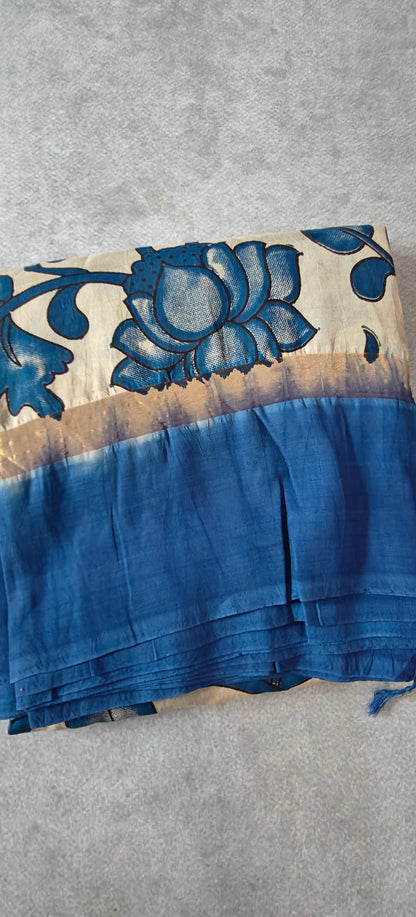 Kalamakari Silk Saree with Kaddi Border - Royal Blue