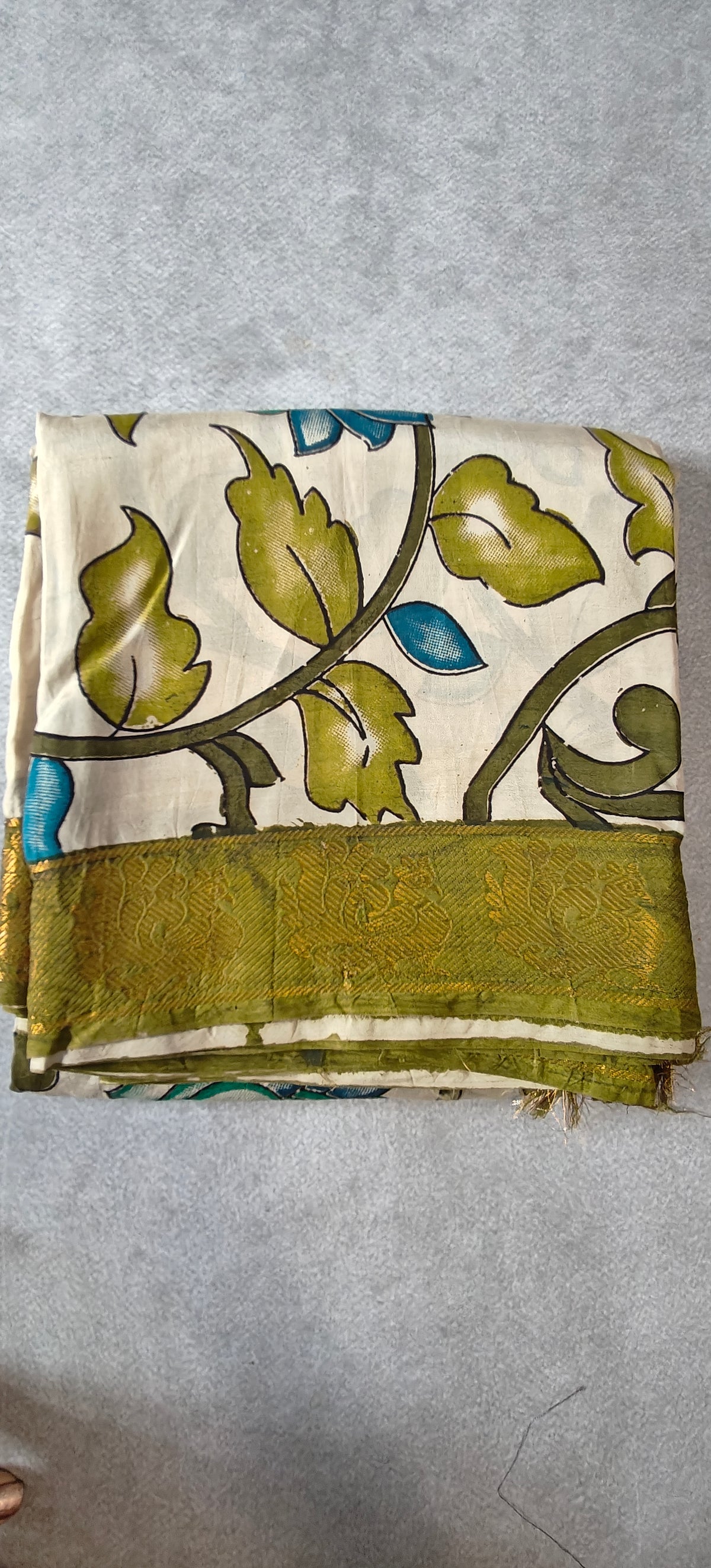 Kalamkari Silk Saree with Border - Beige with Green