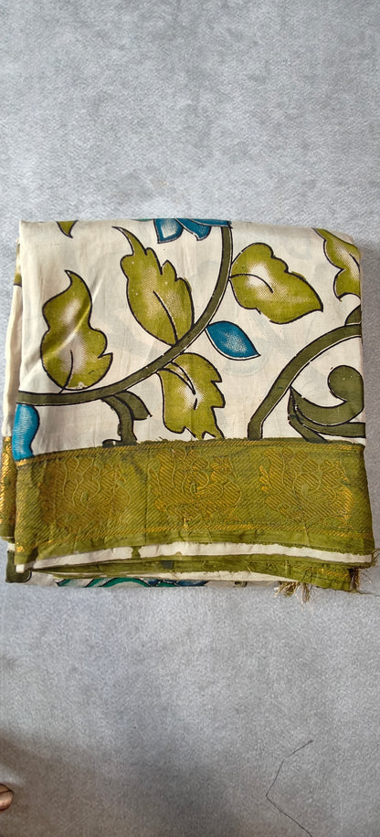 Kalamkari Silk Saree with Border - Beige with Green
