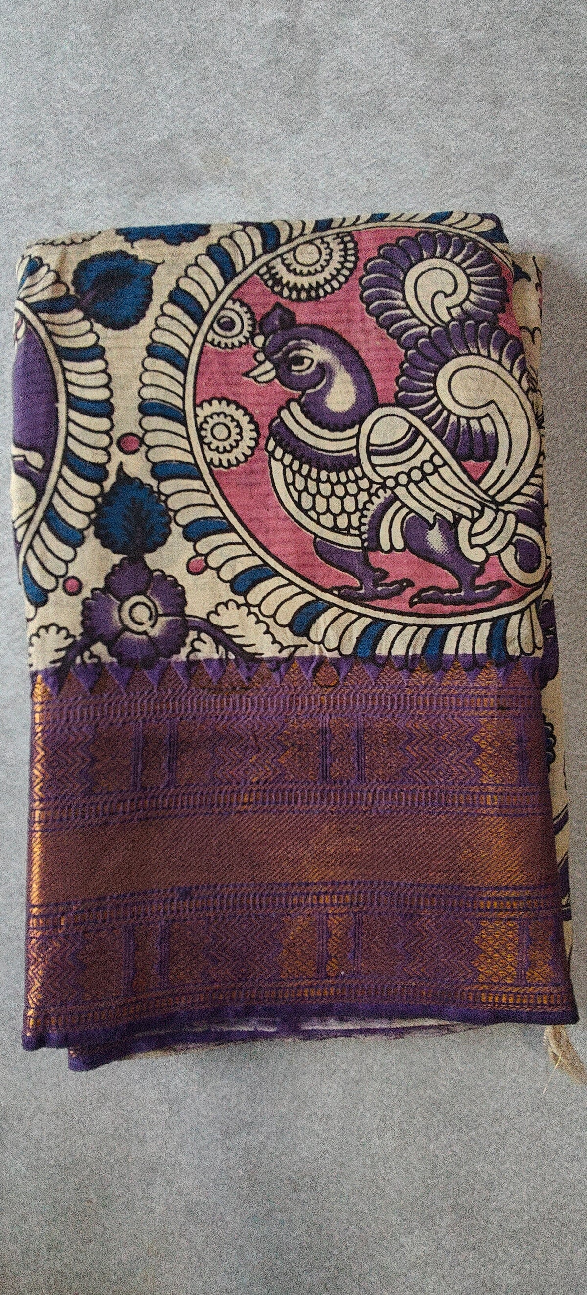 Kanchi Border Kalamkari Silk Saree - Beige with Purple