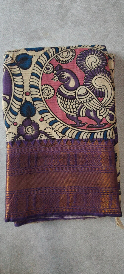 Kanchi Border Kalamkari Silk Saree - Beige with Purple