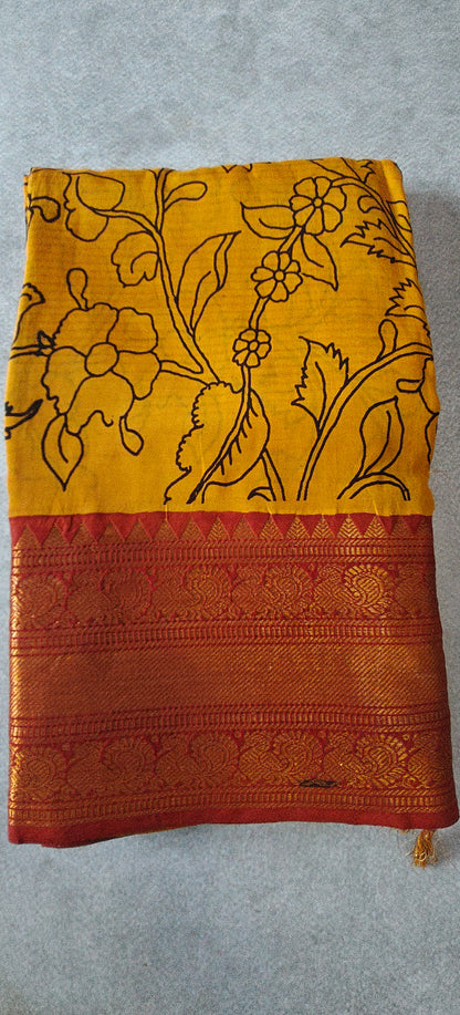 Kanchi Border Kalamkari Silk Saree - Yellow with Red