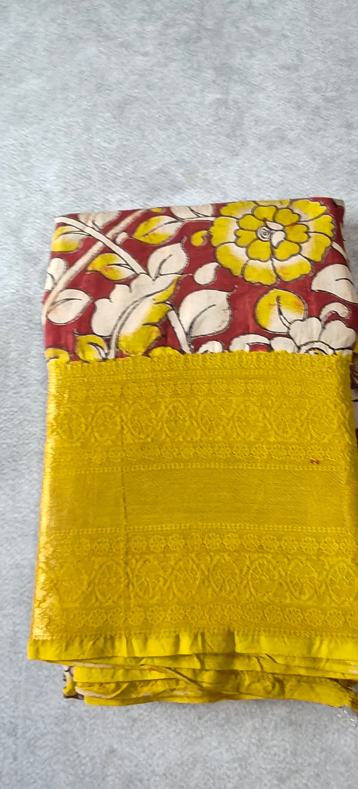 Kanchi Border Kalamkari Silk Saree - Red with Yellow