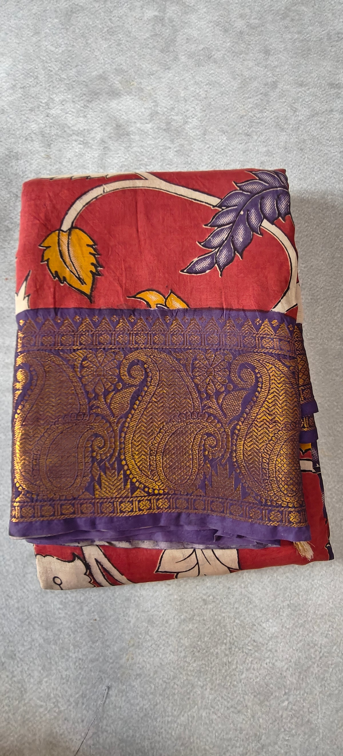 Kanchi Border Kalamkari Silk Saree - Red with Purple