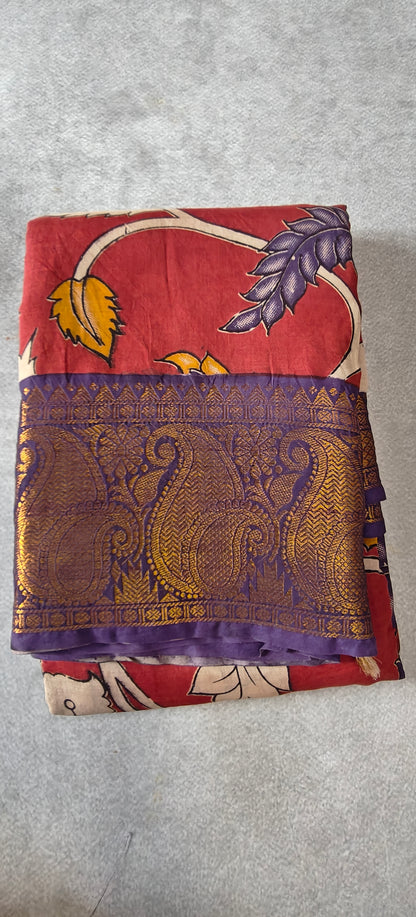 Kanchi Border Kalamkari Silk Saree - Red with Purple