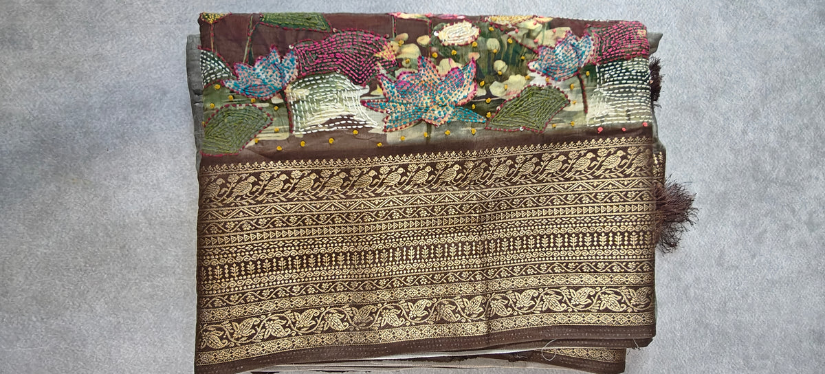 Pure Silk Saree with Digital Print & French Knot Kantha-Stitched - Grey